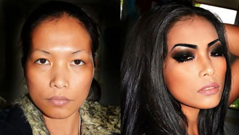 Женщины до и после макияжа.