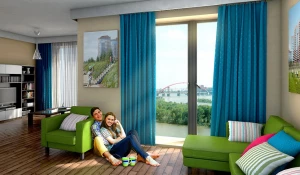 В доме "Марсель" просторные планировки, высокие потолки и французские окна в пол.