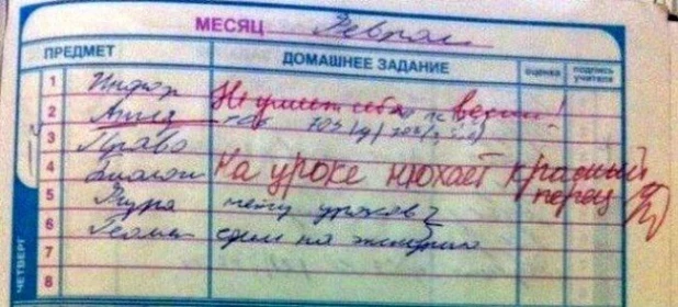 Записи от учителей в школьных дневниках.