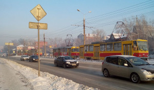 Трамваи на Красноармейском утром 20 января.
