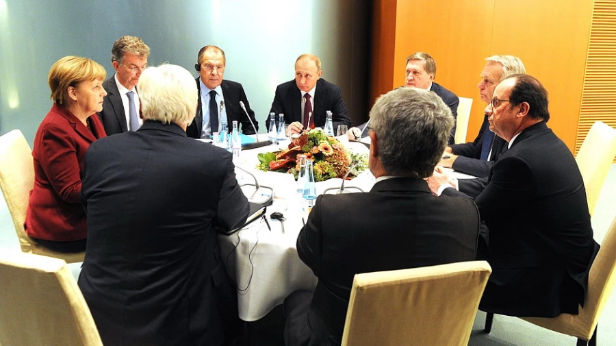 Трёхсторонняя встреча руководителей России Германии и Франции по урегулированию конфликта в Сирии. 19 октября 2016 года.