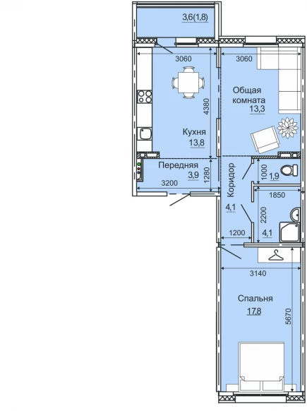 Стоимость такой 2 ком (60,7 м2) квартиры от 1 990 000 руб.