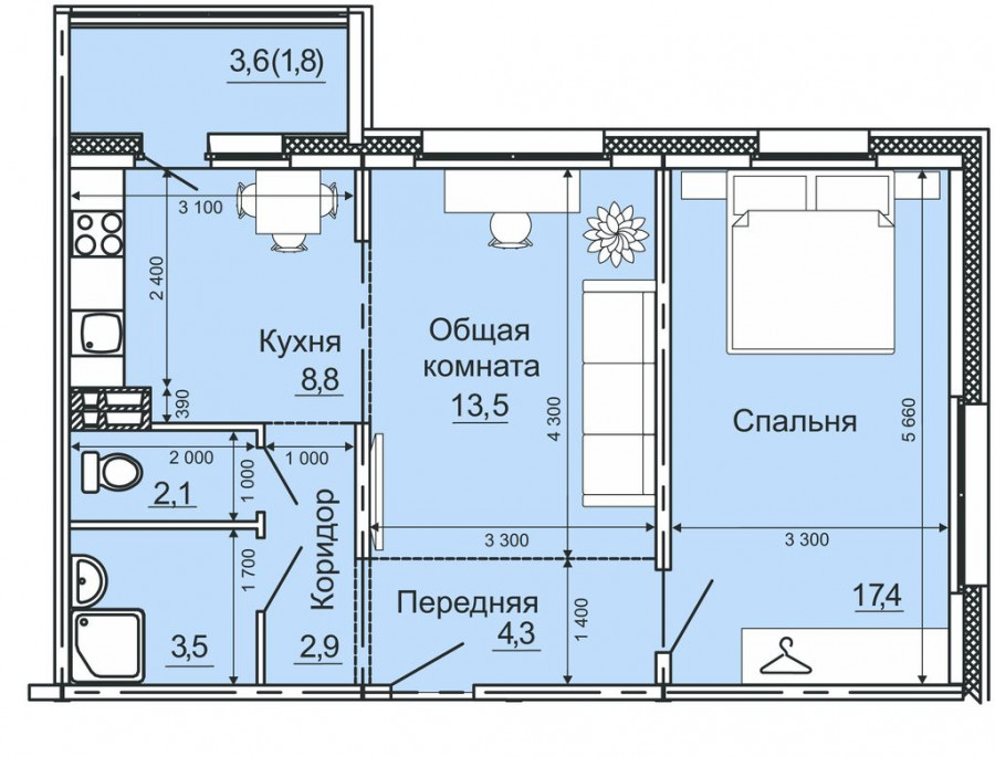 Стоимость такой 2 ком (54 м2) квартиры от 1 799 000 руб.