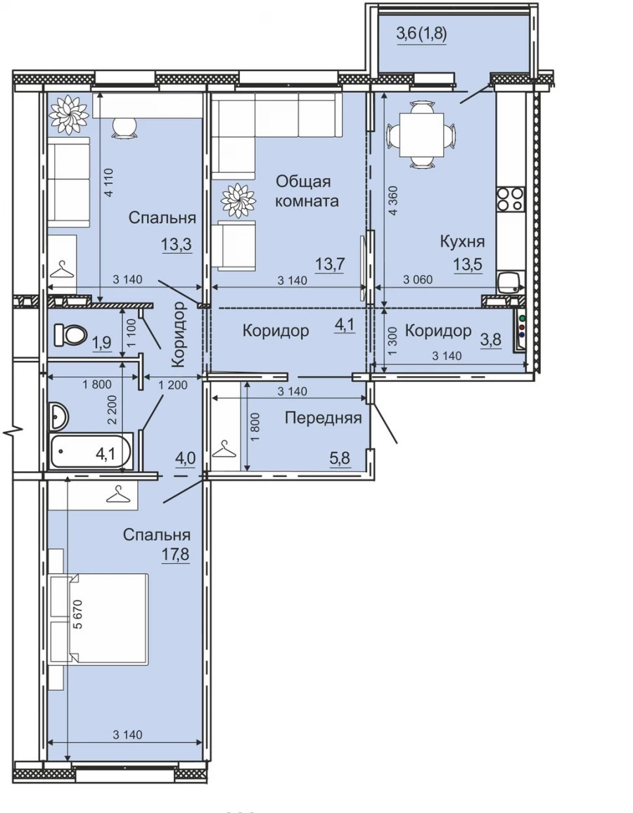 Стоимость такой 3 ком (83,8 м2) квартиры от 2 704 000 руб.