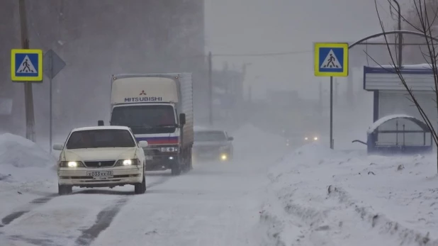 Пешеходный переход. Автомобили в Барнауле в метель.