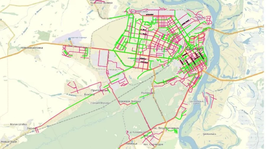 Состояние дорог в Барнауле. Красным выделены участки в неудовлетворительном состоянии
