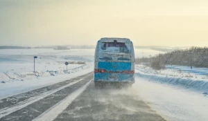 Зима. Дорога. Поземка. Автобус.