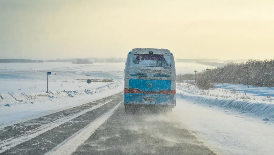 Зима. Дорога. Поземка. Автобус.