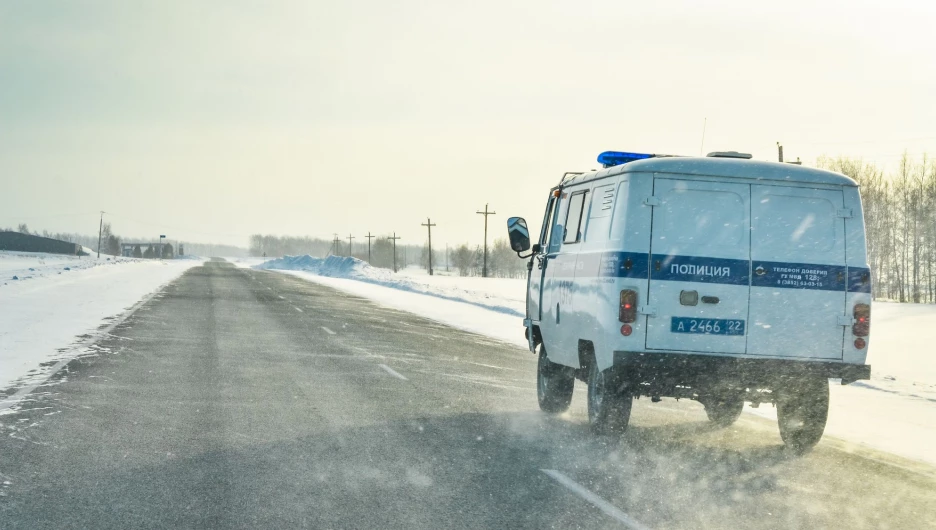 Зима. Дорога. Поземка. Полиция.