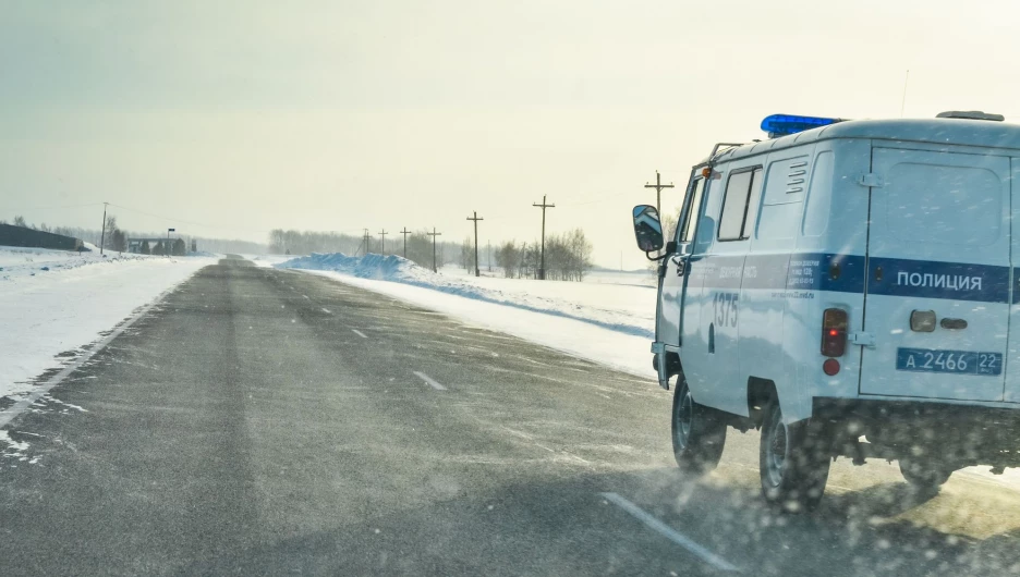 Зима. Дорога. Поземка. Полиция.