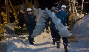 Разбор завалов на месте обрушения ангара конного клуба в Бердске.