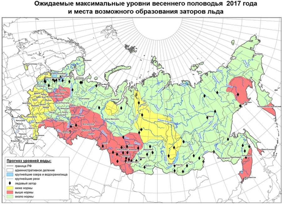 Ожидаемые максимальные уровни весеннего половодья 2017 года и места возможного образования заторов льда.