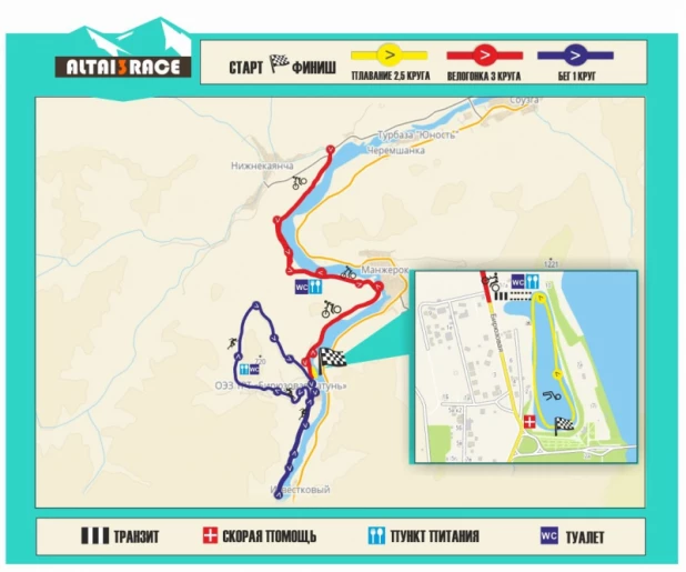 Общая схема триатлонной "полужелезной" трассы в Алтайском крае.