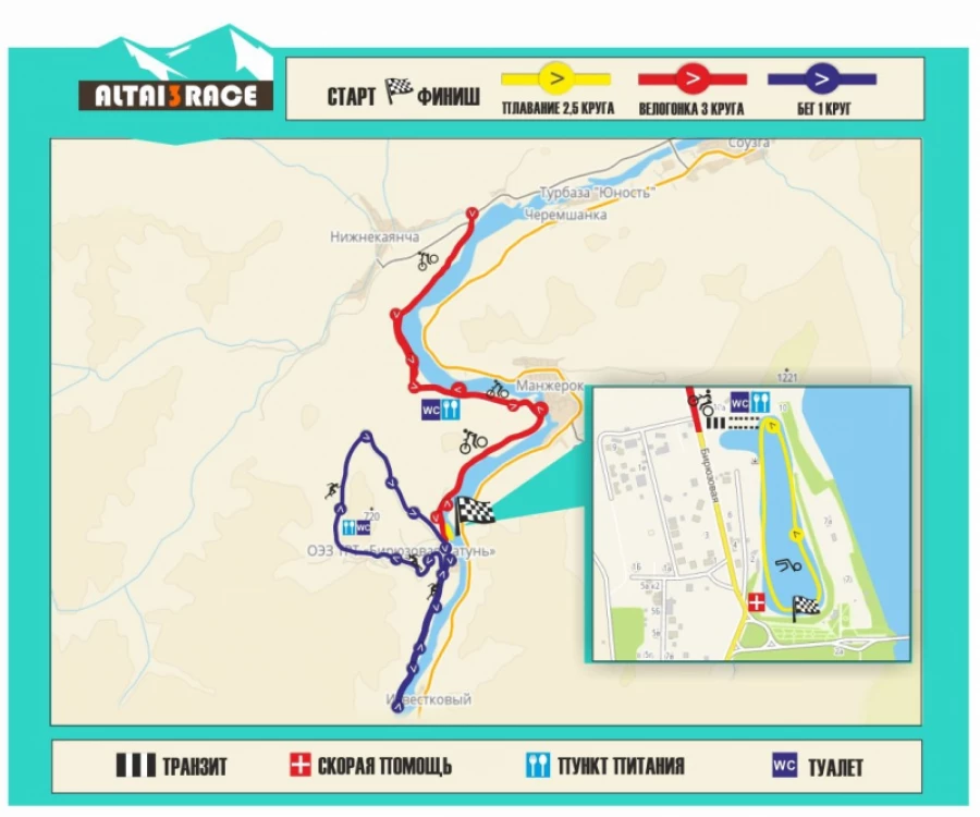 Общая схема триатлонной &quot;полужелезной&quot; трассы в Алтайском крае.