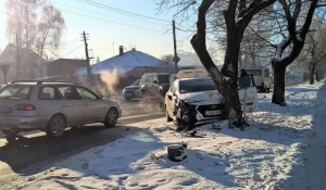 В Барнауле после жесткого ДТП автомобиль Яндекс.Такси влетел в дерево.