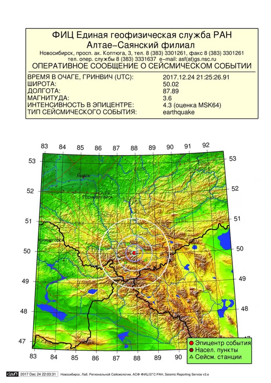 Землетрясение в Кош-Агачском районе 25 декабря 2017 года.