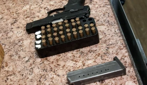 Пистолет, обойма, патроны.