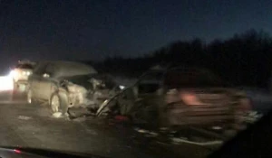 После жуткого столкновения на Чуйском тракте вспыхнул автомобиль.