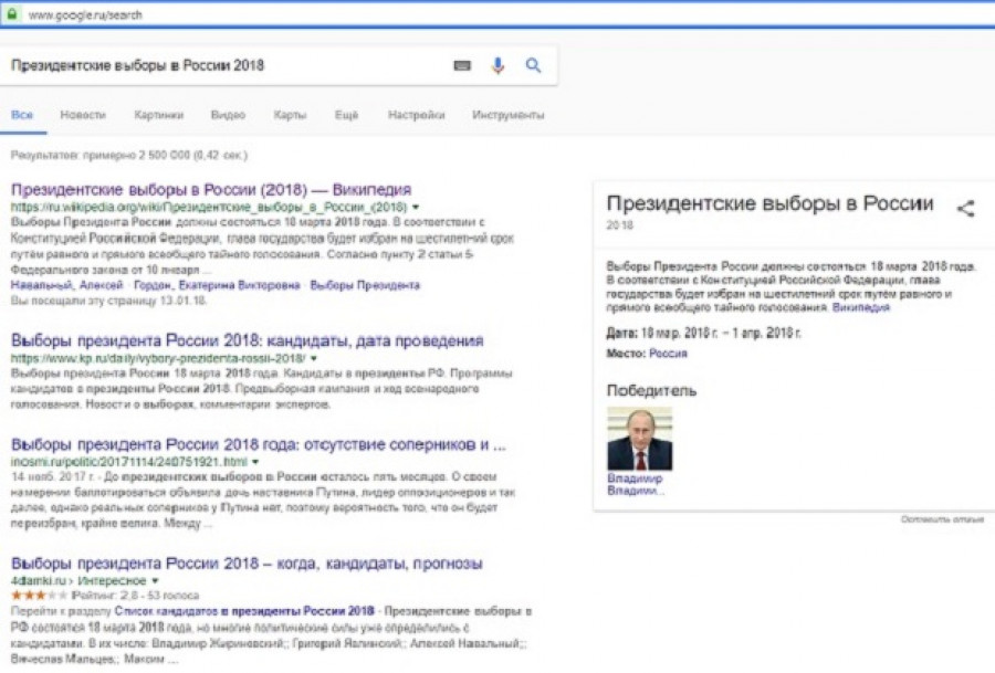 Скриншоты с упоминанием Путина в качестве победителя выборов-2018.