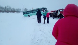 В Мамонтовском районе Алтайского края автобус застрял в снегу. 11 марта 2018 года.