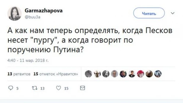 В сети оценили шутку Путина про несущего пургу Пескова.