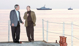 Владимир Путин с президентом США Джорджем Бушем, апрель 2008.
