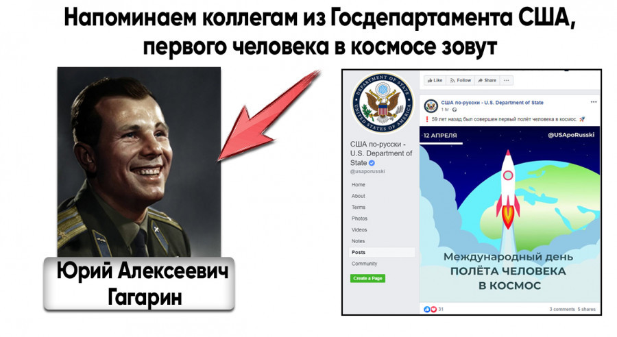 МИД России напомнил госдепу США про Юрия Гагарина.