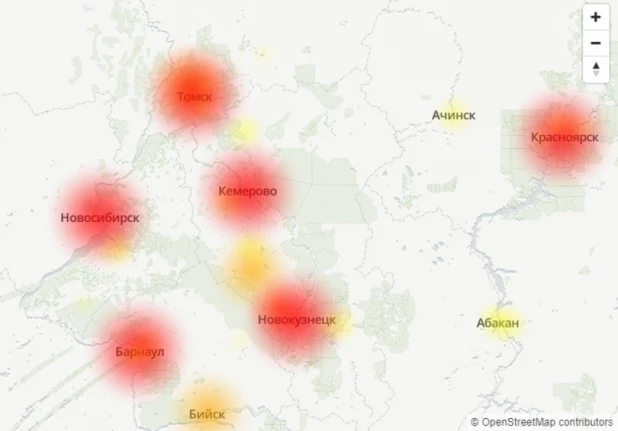 Карта сбоев "Билайн" в Сибири, 2020.
