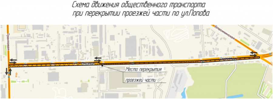 Схема движения транспорта при перекрытии ул. Попова.