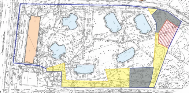 План ТСЖ "Городок" в ранее утвержденных границах (желтым цветом выделены 1,1 га спорной территории).