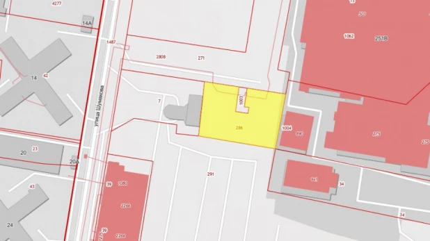 Фрагмент Публичной кадастровой карты. Желтым цветом отмечен участок на ул. Шумакова, 9-б.