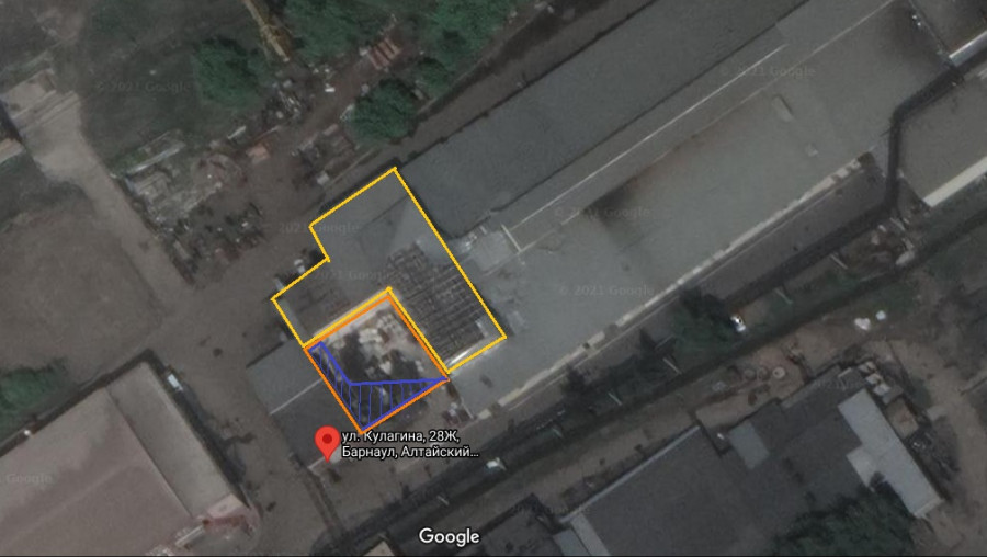 Фрагмент спутникового снимка здания на ул. Кулагина, 28 и снесенного цеха на ул. Кулагина, 28-ж.