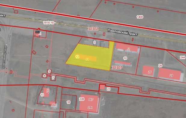 Фрагмент публичной кадастровой карты. Желтым выделен участок на Павловском тракте, 315-г.