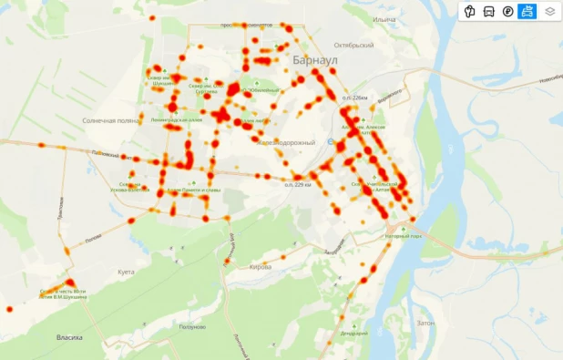 Карта плотности ДТП в Барнауле.