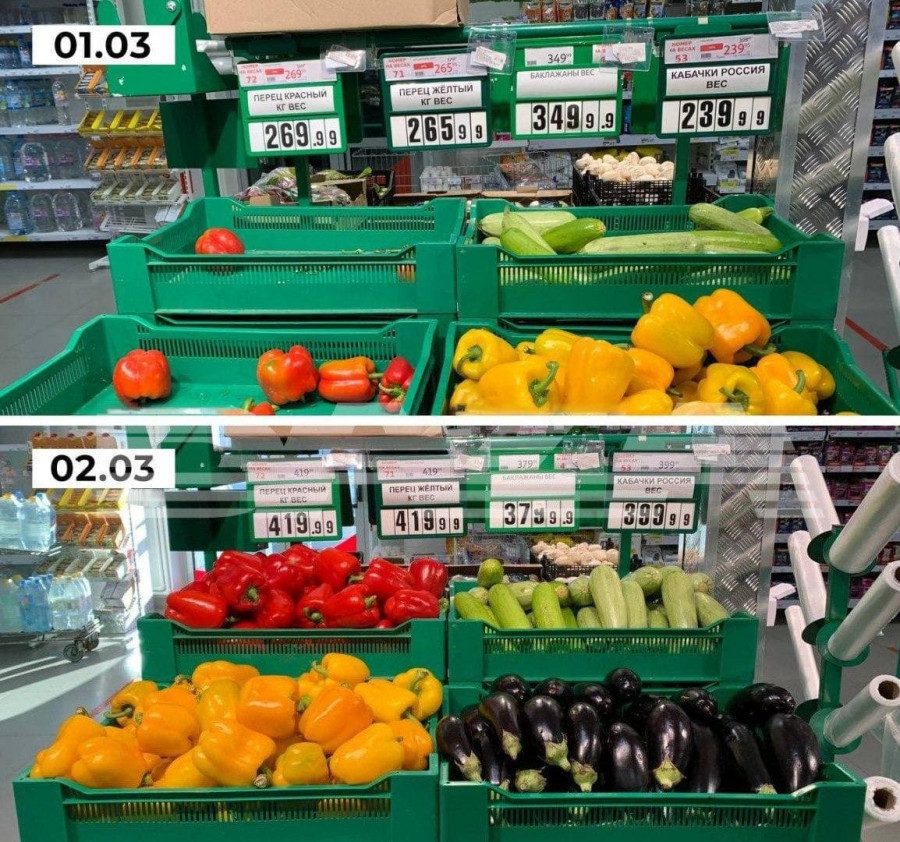 В российских супермаркетах переклеивают ценники. Разницу видно на фото.