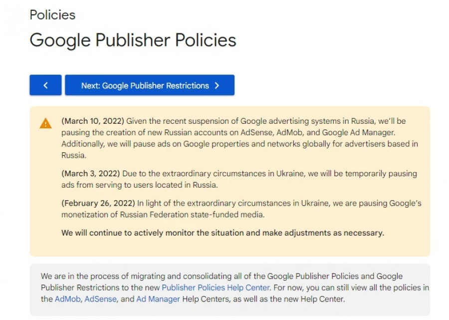 Google отключает возможность создания новых аккаунтов из РФ в рекламной сети Adsense.