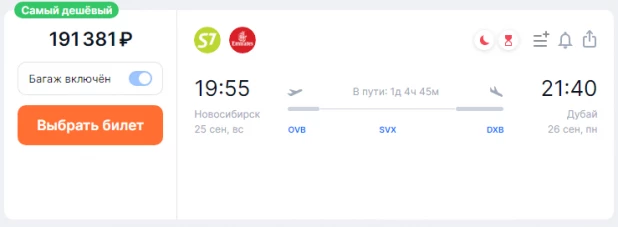 Билет на перелет из Новосибирска в Дубай. 
