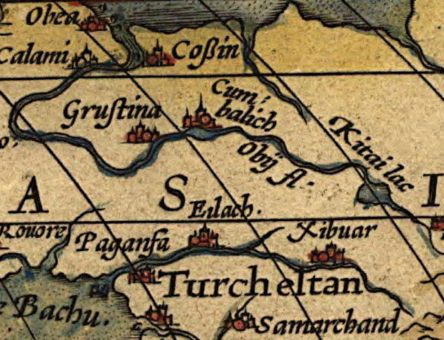 Грустина на карте мира 1570 года фламандского картографа Абрахама Ортелия.