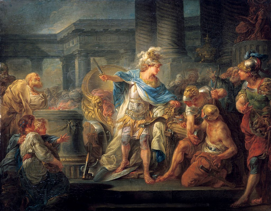 Александр перерубает гордиев узел. Картина Жан-Симона Бертелеми, конец XVIII—начало XIX веков.