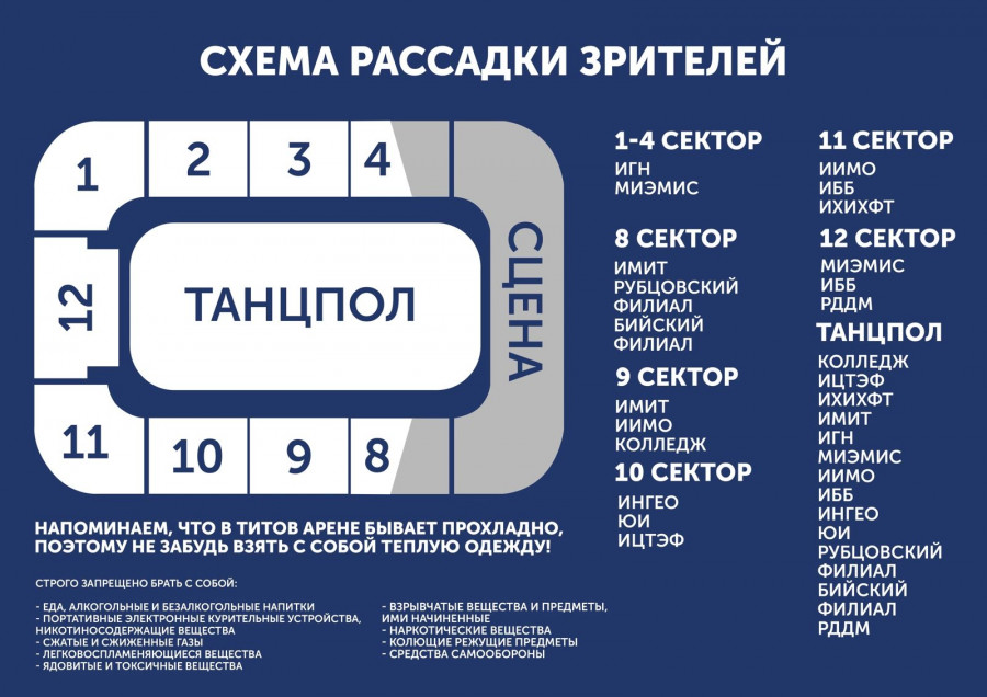 Схема рассадки гостей в «Титов Арена» на праздновании 50-летия Алтайского государственного университета.