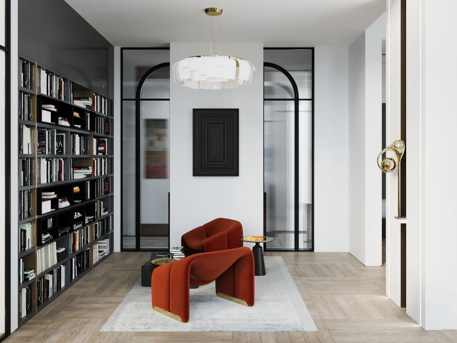 Коллекционные люстры, дизайнерские кресла и авторские картины на холстах — это то, чего требует пространство пентхауса.