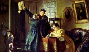 Николай Неврев. "Выигрышный билет", 1874 г. Молодой человек держит облигацию госзайма.