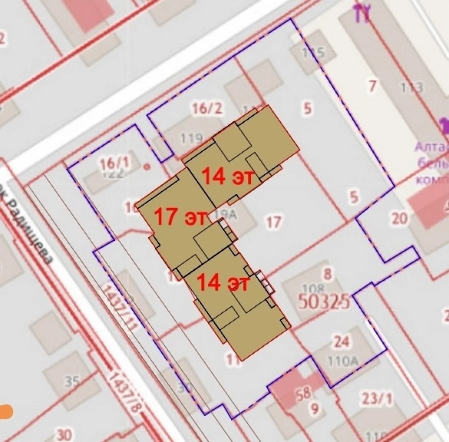 Схема предполагаемой посадки многоквартирного дома на угле ул. Радищева и ул. Никитина.