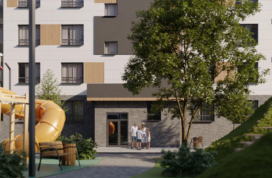 Лаконичная современная архитектура жилого квартала «Первогорье» — природные тона отделочных материалов, простые формы с элементами эко-стиля.