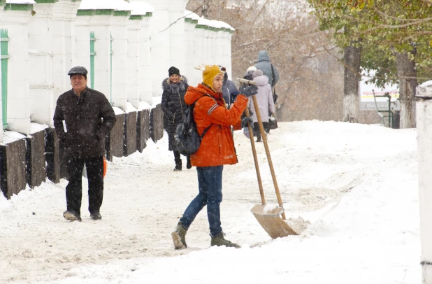 Последствия снегопада в октябре в Барнауле. 2016 год.