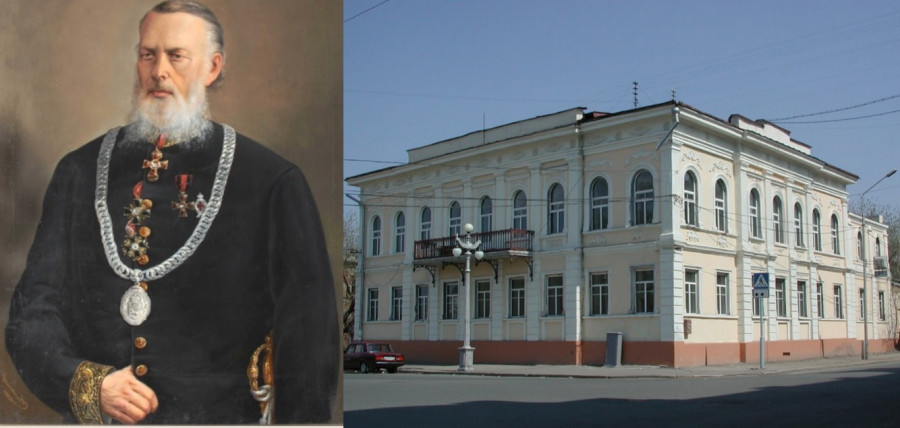 Евграф Королев, томский предприниматель и городской голова, и один из его домов в Томске.