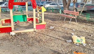 В барнаульском дворе мусор разлетается по всей детской площадке 