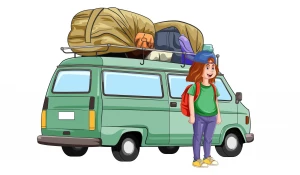 Девочка рядом с фургоном с грузом на крыше.