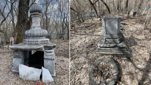 Бийское Вознесенское (Старое нагорное) кладбище. Слева - памятник на могила купца Василия Осипова.