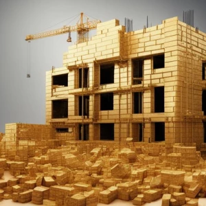 Строительство дома, стройка, золотые кирпичи, новостройка.